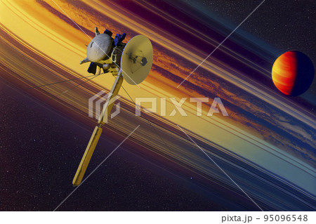 Unmanned spacecraft similar with the Cassini Huygens orbiter. Elements of this image furnished by NASA. 3D rendering. 95096548