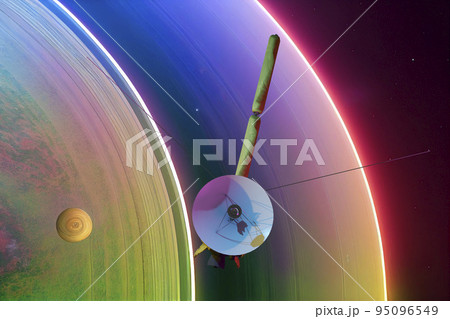Unmanned spacecraft similar with the Cassini Huygens orbiter, closing Saturn. Elements of this image furnished by NASA. 3D RENDERING. 95096549