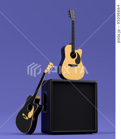 Set of electric acoustic guitars and amplifiers on purple background 95096664