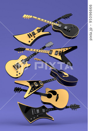 Set of electric acoustic guitars isolated on purple background. 95096666