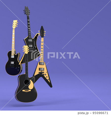 Set of electric acoustic guitars isolated on purple background. Set of electric acoustic guitars isolated on purple background. 95096671