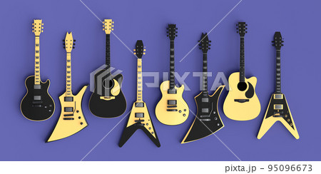Set of electric acoustic guitars isolated on purple background. Set of electric acoustic guitars isolated on purple background. 95096673