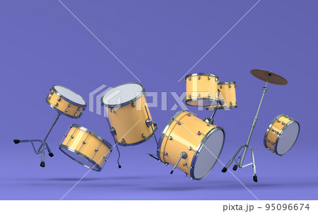 Set of drums and drumset with metal cymbals on purple background 95096674