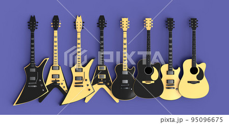 Set of electric acoustic guitars isolated on purple background. Set of electric acoustic guitars isolated on purple background. 95096675