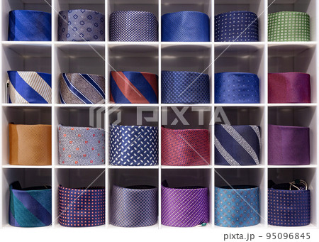 View of different colors ties in showcase. 95096845