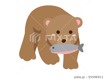鮭を咥えた可愛い熊のイラストのイラスト素材 [95096911] - PIXTA