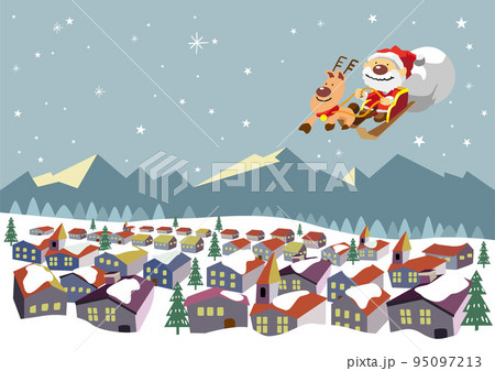 クリスマスの雪景色のまちをトナカイのそりに乗って空を飛ぶサンタさん