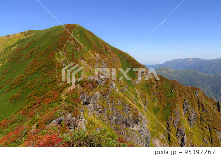 谷川岳稜線から望む、紅葉する一ノ倉岳の絶景 95097267