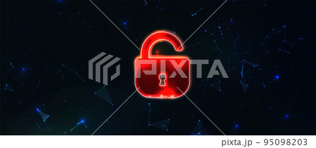 Digital Vector Tech Dark Blue Background with Brocken Lock. Data Breach 95098203