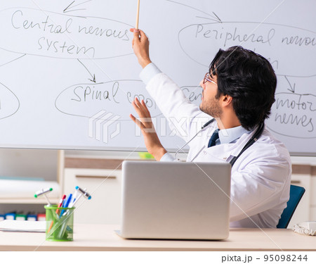Young male doctor neurologist in front of whiteboard Young male doctor neurologist in front of whiteboard 95098244