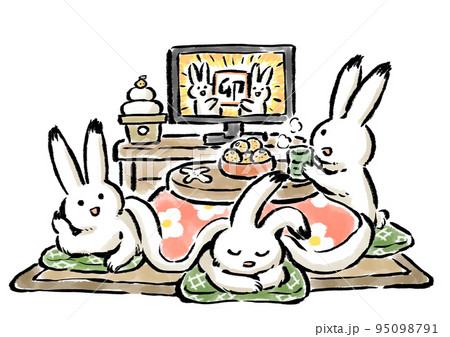こたつでのんびりと年末年始を過ごす3羽のうさぎのイラストのイラスト