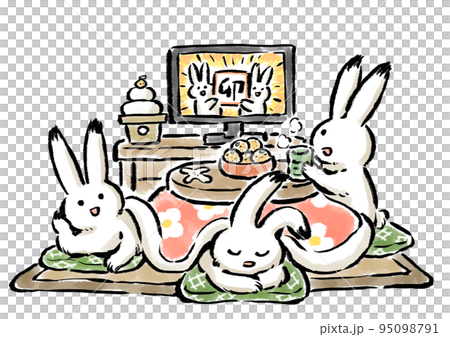 こたつでのんびりと年末年始を過ごす3羽のうさぎのイラストのイラスト