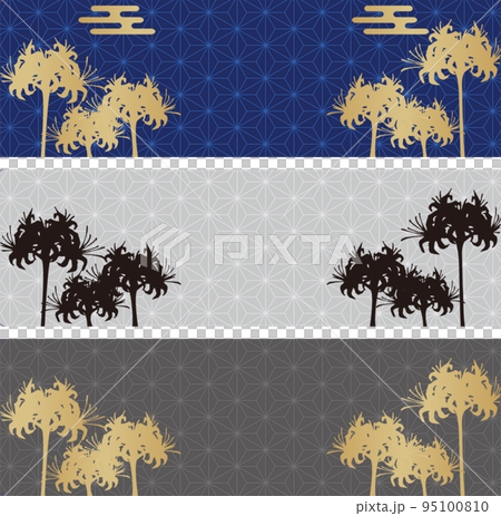 バナー　彼岸花のシルエットの和風背景イラスト　和柄　秋　フレーム　コピースペース　イラスト素材セット 95100810