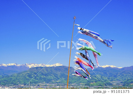 残雪の谷川連峰と鯉のぼり 95101375