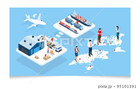3D isometric Logistics and Delivery services concept with People transport product boxes from suppliers to buyers and Warehouse, truck, forklift. Vector illustration eps10 3D isometric Logistics and Delivery services concept with People transport product boxes from suppliers to buyers and Warehouse, truck, forklift. Vector illustration eps10 95101391