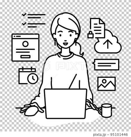 一位遠程工作的女性坐在辦公桌前,在 PC 上工作以管理項目和任務 一位遠程工作的女性坐在辦公桌前,在 PC 上工作以管理項目和任務 95101446