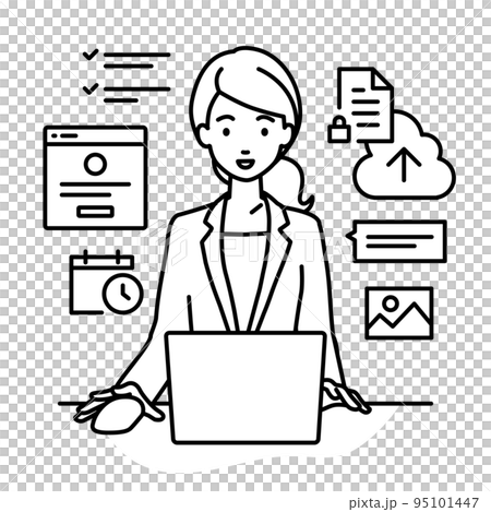 一位身著西裝的女士坐在辦公桌前,在 PC 上執行項目或任務管理工作 一位身著西裝的女士坐在辦公桌前,在 PC 上執行項目或任務管理工作 95101447