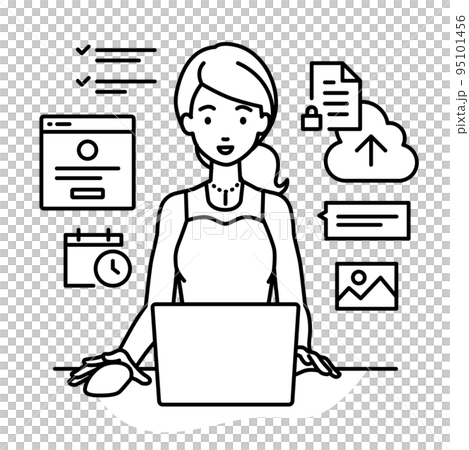 A woman in a dress sitting at a desk and doing a project or task management job on a PC A woman in a dress sitting at a desk and doing a project or task management job on a PC 95101456