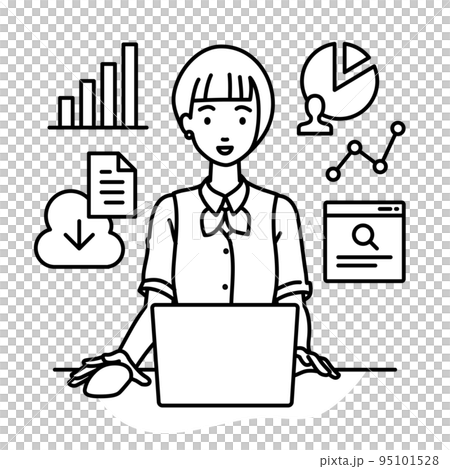 一位身穿文員制服的女士在辦公桌前的電腦前進行研究、數據分析和撰寫報告 95101528