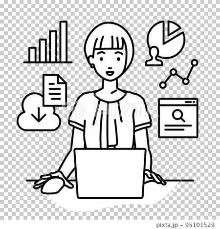 一位休閒的辦公室女性在辦公桌前的電腦前做研究、數據分析和寫報告 一位休閒的辦公室女性在辦公桌前的電腦前做研究、數據分析和寫報告 95101529