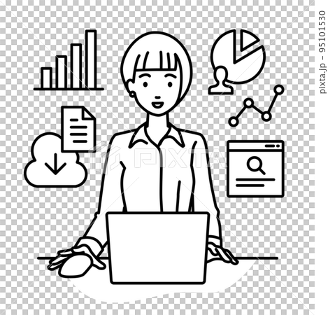 一位身穿襯衫的女士在辦公桌前的電腦前進行研究、數據分析和撰寫報告 一位身穿襯衫的女士在辦公桌前的電腦前進行研究、數據分析和撰寫報告 95101530