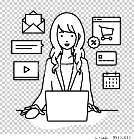 A woman in a suit sitting at a desk and doing an online shop or marketing job on a PC 95101619