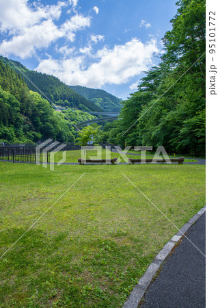 奥秩父もみじ湖 滝沢ダム ダム下の風景 ループ橋方向 初夏の季節 奥秩父もみじ湖 滝沢ダム ダム下の風景 ループ橋方向 初夏の季節 95101772