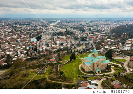 Aerial view of reconstructed Bagrati Cathedral in Kutaisi, Georgia 95101776