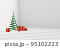 3D rendering green spiral Christmas tree with red gift boxes on step corner of white room. 95102223