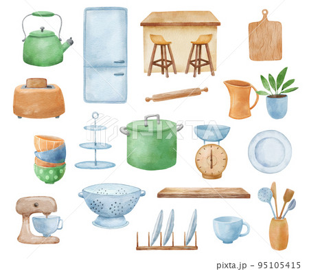 Watercolor cute kitchen tool. Saucepan, kettle and refrigerator drawing. Cooking hand drawn illustrations set isolated on white background 95105415