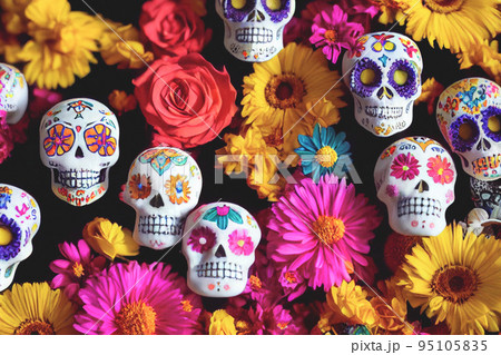 Colorful candy sugar skulls with flowers on Day of the Dead festival in Mexico. 95105835