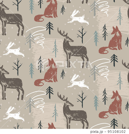 Vector Christmas seamless pattern with hand drawn winter forest trees, animals, abstract texture. Vector endless background of new year symbols 95108102