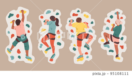 Set of men and women climbers on a wall in a climbing gym isolated on grey background vector 95108111