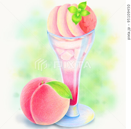 色鉛筆で描いた桃がのっているピーチパフェ 95109450