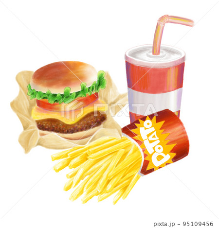 水彩で描いたようなハンバーガーとポテトのセットのイラスト 95109456