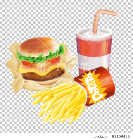 水彩で描いたようなハンバーガーとポテトのセットのイラスト 95109456