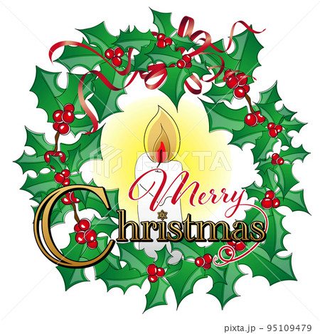 柊とキャンドルのクリスマスリースのベクターイラストのイラスト素材