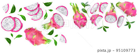 Dragon fruit, Pitaya or Pitahaya isolated on white background. Top view. Flat lay Dragon fruit, Pitaya or Pitahaya isolated on white background. Top view. Flat lay 95109773