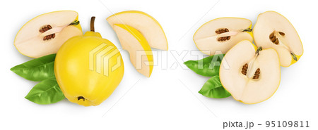 Fresh quince with slices isolated on the white background with full depth of field. Top view. Flat lay Fresh quince with slices isolated on the white background with full depth of field. Top view. Flat lay 95109811