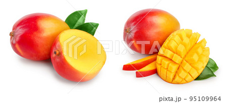 Mango fruit half with leaves and slices isolated on white background close-up 95109964
