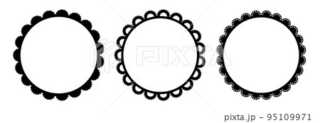 Scalloped edge round strokes set. Simple circle scalloped border. Fabric laces silhouette frame. Repeat cute vintage frill ornament. Texture ribbons. Vector illustration isolated on white background Scalloped edge round strokes set. Simple circle scalloped border. Fabric laces silhouette frame. Repeat cute vintage frill ornament. Texture ribbons. Vector illustration isolated on white background 95109971