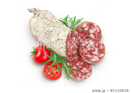 Cured salami sausage slices isolated on white background. Italian cuisine with full depth of field. Top view. Flat lay. Cured salami sausage slices isolated on white background. Italian cuisine with full depth of field. Top view. Flat lay. 95110016