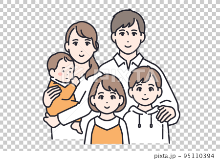 5人家族：若い夫婦と赤ちゃんと子供2人のベクターイラスト素材 95110394