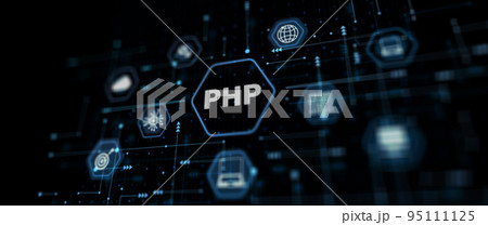 Technical background PHP inscription. Network internet concept Technical background PHP inscription. Network internet concept 95111125
