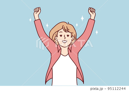 Smiling woman raise hands celebrate win Smiling woman raise hands celebrate win 95112244