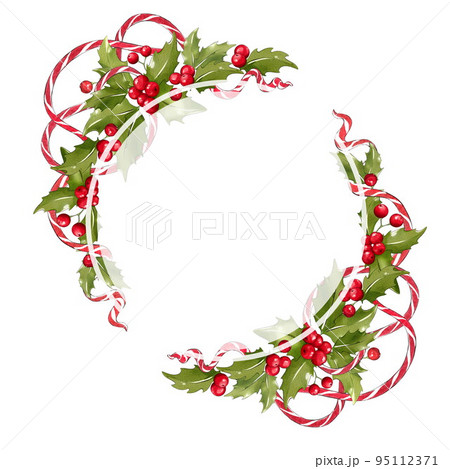 Christmas frame made of mistletoe and ribbon. Festive decoration Christmas frame made of mistletoe and ribbon. Festive decoration 95112371
