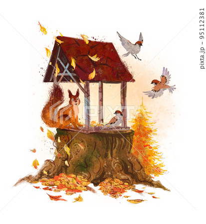 Autumn park bird feeder composition with sparrows and squirrel sit isolated. Watercolor hand drawn fall illustration. Autumn park bird feeder composition with sparrows and squirrel sit isolated. Watercolor hand drawn fall illustration. 95112381