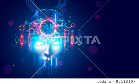 AI with scary face on halloween. Head skull of robot with lighting eyes. Bad Artificial Intelligence in image cyborg look at eyes. Tech halloween party banner. Evil computer AI with scary face on halloween. Head skull of robot with lighting eyes. Bad Artificial Intelligence in image cyborg look at eyes. Tech halloween party banner. Evil computer 95113107