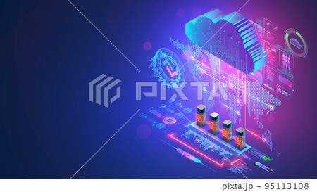 Cloud computing technology concept. Digital Cloud hover over world map. Cloud storage in data center. Servers of global internet network work with big data. Internet service of storage information. 95113108
