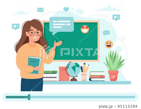 Webinar online education. Female teacher explaining, video on screen. School and online learning concept, Cute vector illustration in flat cartoon style Webinar online education. Female teacher explaining, video on screen. School and online learning concept, Cute vector illustration in flat cartoon style 95113294
